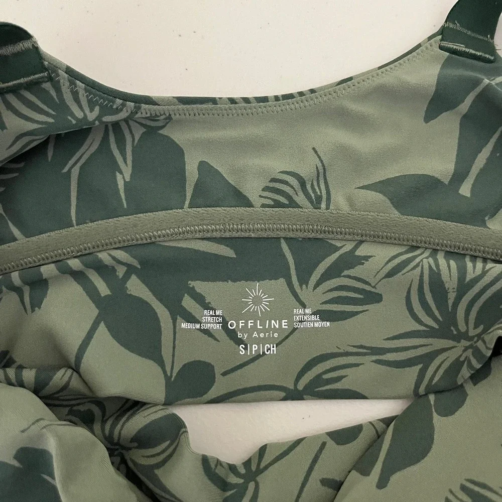OFFLINE by Aerie Real Me Green Tropical Palm Print Sports Bra‎ Medium Support S